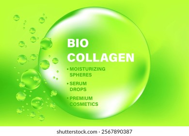 Glowing 3d bio collagen liquid green droplet with fluid flowing molecule bubbles. Organic serum formula with copy space. Beauty treatment, premium cosmetics ingredient, infographic banner