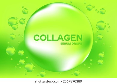 Glowing 3d collagen liquid green droplet with fluid flowing molecule bubbles. Bio serum chemical formula with copy space. Beauty treatment, premium cosmetics ingredient, infographic banner