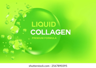 Glowing 3d collagen liquid green droplet with fluid flowing molecule bubbles. Bio serum chemical formula with copy space. Beauty treatment, premium cosmetics ingredient, infographic banner