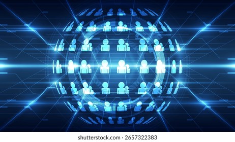 Eine glühende digitale 3D-Sphäre, gefüllt mit Benutzersymbolen, die globale soziale Verbindung und digitale Kommunikation darstellen. Geeignet für Konzepte wie Social Media, Networking, Online-Communities, Big Data.