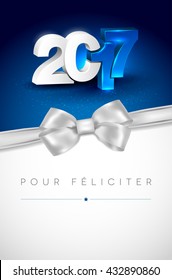 Glowing 3D lettering 2017 on blue background and silver bow - greeting card for Happy New Year 2017 with place for your text. Vector illustration.