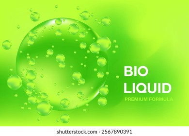 Glowing 3d liquid green water droplet with fluid flowing molecule bubbles. Bio serum or essence formula with copy space. Beauty treatment extract, premium cosmetics ingredient, infographic banner