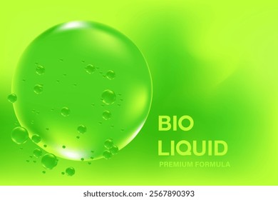 Glowing 3d liquid green water droplet with fluid flowing molecule bubbles. Bio serum or essence formula with copy space. Beauty treatment extract, premium cosmetics ingredient, infographic banner