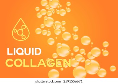 Glowing 3d liquid orange collagen flowing bubbles texture, fluid golden fizz background with copy space. Aesthetic cosmetics commercial banner or poster