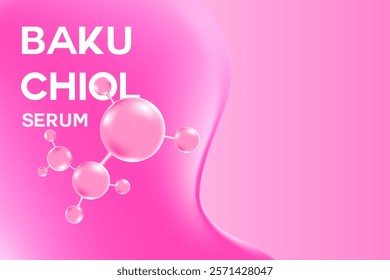 Glowing 3d liquid serum texture, bakuchiol molecule formula with flowing close up fluid blob shape background. Light pink beauty wallpaper with copy space. Aesthetic premium cosmetics banner or poster