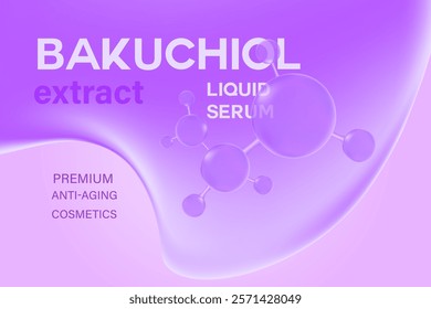 Glowing 3d liquid serum texture, bakuchiol molecule formula with flowing close up fluid blob shape background. Light pink beauty wallpaper with copy space. Aesthetic premium cosmetics banner or poster