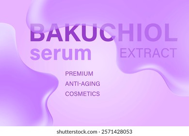 Glowing 3d liquid serum texture, bakuchiol formula with flowing close up fluid blob shape background. Light violet beauty wallpaper with copy space. Aesthetic premium cosmetics banner or poster