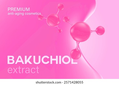 Glowing 3d liquid serum texture, bakuchiol molecule formula with flowing close up fluid blob shape background. Light pink beauty wallpaper with copy space. Aesthetic premium cosmetics banner or poster