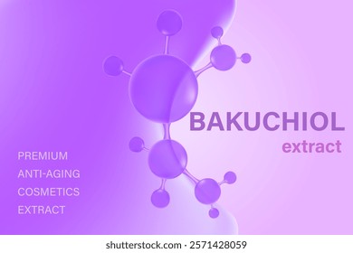 Glowing 3d liquid serum texture, bakuchiol molecule icon with flowing close up fluid blob shape background. Light violet beauty wallpaper with copy space. Aesthetic premium cosmetics banner or poster