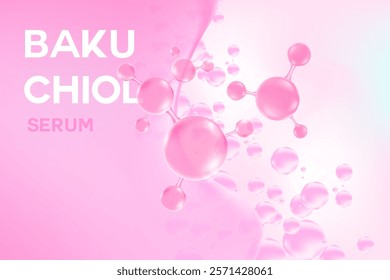 Glowing 3d liquid serum texture, bakuchiol molecule formula with flowing close up fluid blob shape background. Light pink beauty wallpaper with copy space. Aesthetic premium cosmetics banner or poster