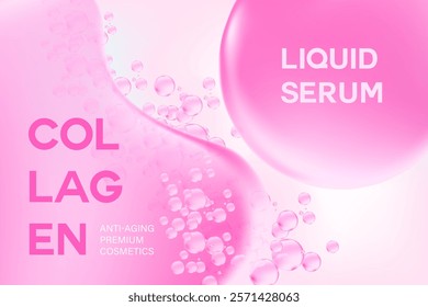 Glowing 3d liquid serum texture, bakuchiol molecule formula with flowing close up fluid blob shape background. Light pink beauty wallpaper with copy space. Aesthetic premium cosmetics banner or poster