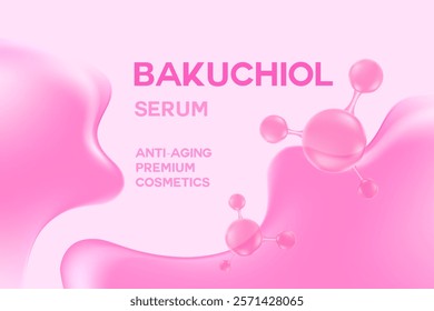 Glowing 3d liquid serum texture, bakuchiol molecule formula with flowing close up fluid blob shape background. Light pink beauty wallpaper with copy space. Aesthetic premium cosmetics banner or poster