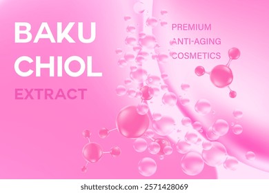 Glowing 3d liquid serum texture, bakuchiol molecule formula with flowing close up fluid blob shape background. Light pink beauty wallpaper with copy space. Aesthetic premium cosmetics banner or poster