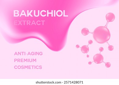 Glowing 3d liquid serum texture, bakuchiol molecule formula with flowing close up fluid blob shape background. Light pink beauty wallpaper with copy space. Aesthetic premium cosmetics banner or poster