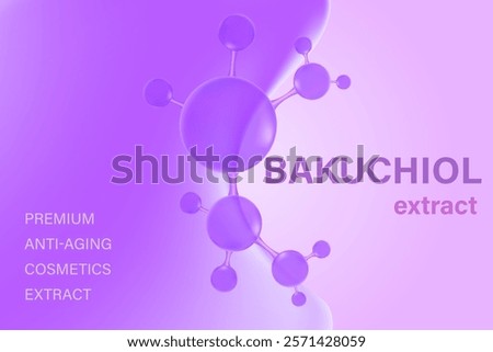 Glowing 3d liquid serum texture, bakuchiol molecule icon with flowing close up fluid blob shape background. Light violet beauty wallpaper with copy space. Aesthetic premium cosmetics banner or poster
