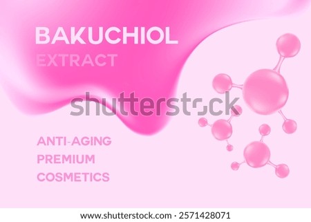 Glowing 3d liquid serum texture, bakuchiol molecule formula with flowing close up fluid blob shape background. Light pink beauty wallpaper with copy space. Aesthetic premium cosmetics banner or poster