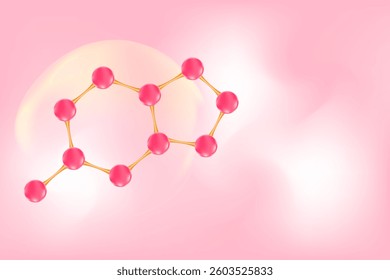 Glowing 3d pink molecule icon, fluid gradient background with copy space. Elegant molecular formula, beauty science technology product backdrop, cosmetics commercial banner