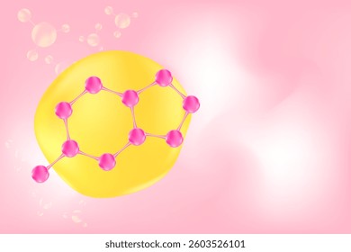 Glowing 3d pink molecule icon, fluid gradient background with copy space. Elegant molecular formula, beauty science technology product backdrop, cosmetics commercial banner