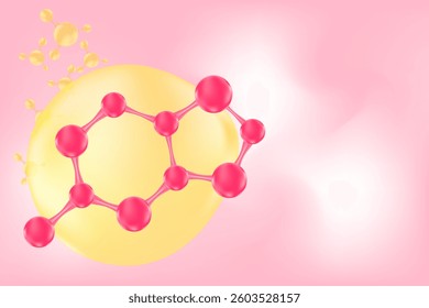 Glowing 3d pink molecule icon, fluid gradient background with copy space. Elegant molecular formula, beauty science technology product backdrop, cosmetics commercial banner