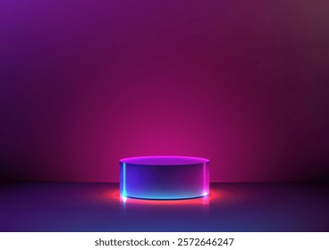 Glowing 3D platform with vibrant neon pink, purple, and blue hues. Perfect for tech concepts, futuristic product displays, mockups, or showrooms