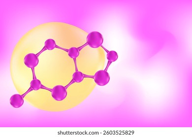 Glowing 3d purple molecule icon, fluid gradient background with copy space. Elegant molecular formula, beauty science technology product backdrop, cosmetics commercial banner