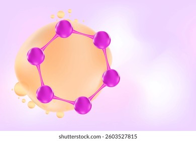 Glowing 3d purple molecule icon, fluid gradient background with copy space. Elegant molecular close up formula, beauty science technology product backdrop, cosmetics commercial banner