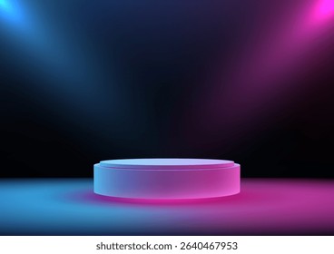A glowing 3d round podium lit by vibrant blue and pink spotlights in a dark room, perfect for technology themes, product showcases, or futuristic event promotions with a sleek modern style