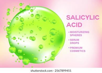 Glowing 3d salicylic acid liquid droplet molecule formula, with light green fluid background. Bio serum chemical formula banner. Beauty treatment, premium cosmetics ingredient infographic presentation