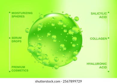 Glowing 3d salicylic acid liquid droplet molecule formula, with light green fluid background. Bio serum chemical formula banner. Beauty treatment, premium cosmetics ingredient, infographic information