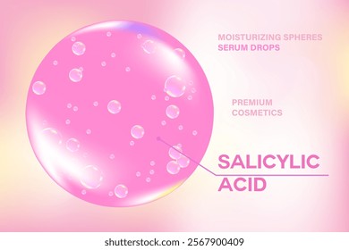 Glowing 3d salicylic acid liquid droplet molecule formula, with light fluid background. Moisturizer serum chemical formula with copy space. Beauty treatment, cosmetics ingredient infographic banner