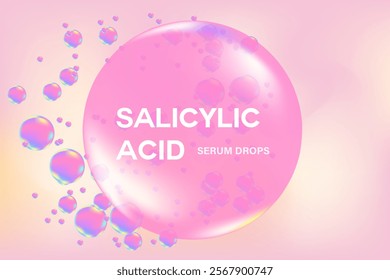 Glowing 3d salicylic acid liquid droplet with flowing fluid molecule bubbles background. Moisturizer serum chemical formula with copy space. Beauty treatment, cosmetics ingredient infographic banner