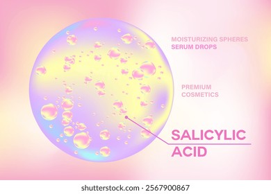 Glowing 3d salicylic acid liquid droplet molecule formula, with light fluid background. Moisturizer serum chemical formula with copy space. Beauty treatment, cosmetics ingredient infographic banner