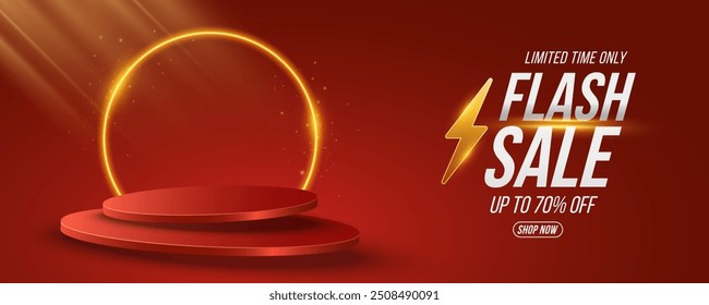 Glowing 3d scene for Flash sale. Levitating platform with neon arc on dark red background. Trendy pedestal for show your product. Promo business banner. Vector illustration.