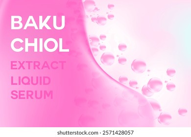 Glowing 3d serum texture, bakuchiol liquid formula with flowing close up fluid blob shape background. Light pink beauty wallpaper with copy space. Aesthetic premium cosmetics banner or poster