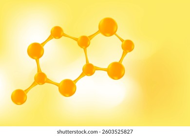Glowing 3d yellow gold molecule icon, fluid gradient background with copy space. Elegant molecular formula, beauty science close up technology product backdrop, cosmetics commercial banner