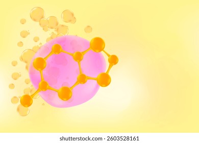 Glowing 3d yellow gold molecule icon, fluid gradient background with copy space. Elegant molecular formula, beauty science technology product backdrop, cosmetics commercial banner
