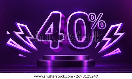 Glowing 40 discount with neon lightning on a dark stage. Modern sale promotion. Vector illustration.