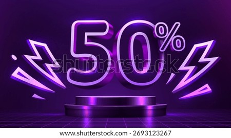 Glowing 50 discount with neon lightning on a dark stage. Modern sale promotion. Vector illustration.