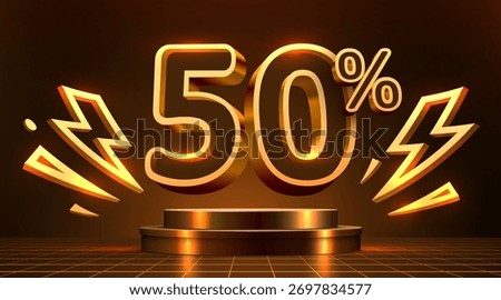 Glowing 50 discount with neon lightning on a dark stage. Modern sale promotion. Vector illustration.