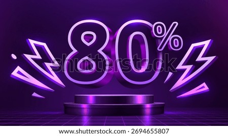 Glowing 80 discount with neon lightning on a dark stage. Modern sale promotion. Vector illustration.