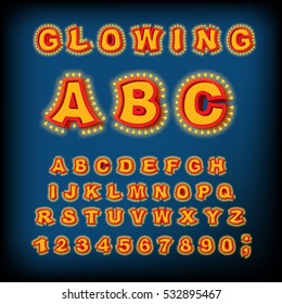 Glowing ABC. Light font. Retro Alphabet with lamps. pointer with light bulb. Vintage Glittering lights lettering
