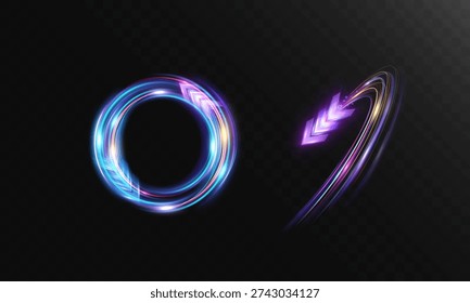 Glowing abstract arrows integrated into circular and curved light trails, representing speed of light, continuous motion, energy circulation and futuristic digital flow.