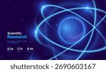 Glowing Abstract Atom Symbol with Orbiting Electrons on Dark Blue Background. Physics, Science and Nuclear Energy Concept. Vector Illustration.
