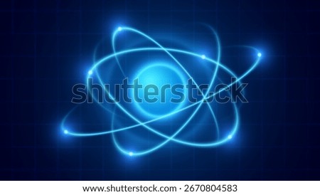 Glowing Abstract Atom Symbol with Orbiting Electrons on Dark Blue Background. Physics, Science and Nuclear Energy Concept. Vector Illustration.
