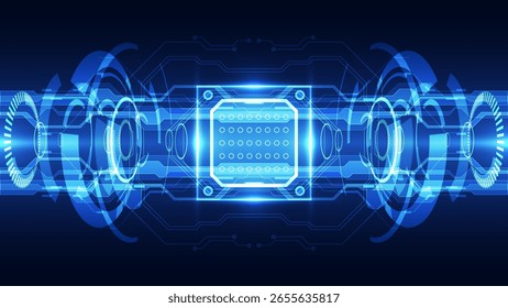 Um microchip azul abstrato brilhante rodeado por elementos digitais e linhas de circuito. Conceito futurista moderno para inteligência artificial, processamento de dados, segurança cibernética e inovação de alta tecnologia.

