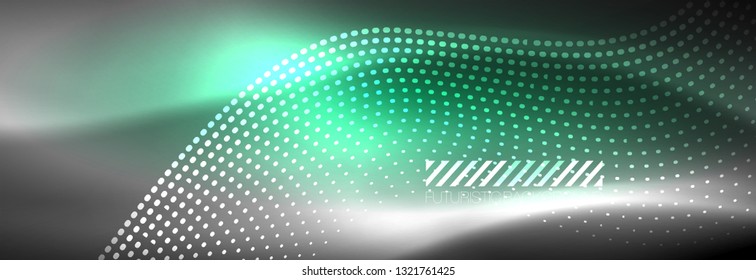 Glowing abstract blue particles wave on dark, shiny motion, Christmas and New Year magic space light. Vector techno abstract background