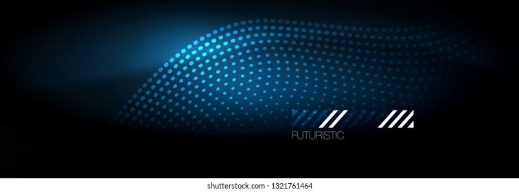 Partículas azules brillantes se ondean en movimiento oscuro y brillante, Navidad y Año Nuevo mágico luz espacial. Fondo abstracto Vector Techno