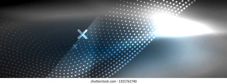 Glowing abstract blue particles wave on dark, shiny motion, Christmas and New Year magic space light. Vector techno abstract background