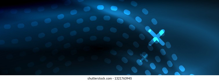Partículas azules brillantes se ondean en movimiento oscuro y brillante, Navidad y Año Nuevo mágico luz espacial. Fondo abstracto Vector Techno