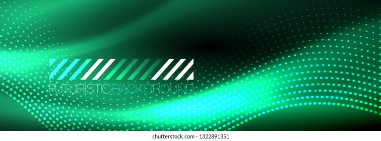 Partículas azules brillantes se ondean en movimiento oscuro y brillante, Navidad y Año Nuevo mágico luz espacial. Fondo abstracto Vector Techno